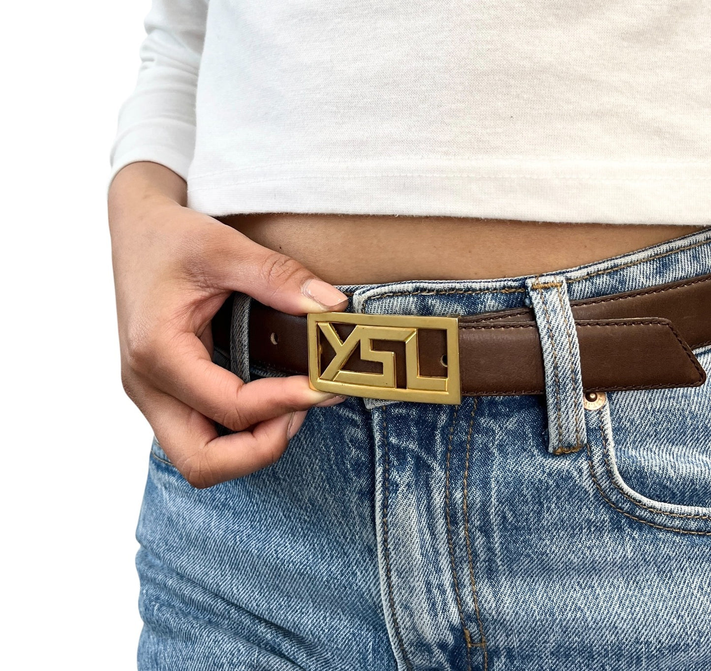 Yves Saint Laurent Vintage YSL Logo Leather Belt Brown Gold Buckle 902539