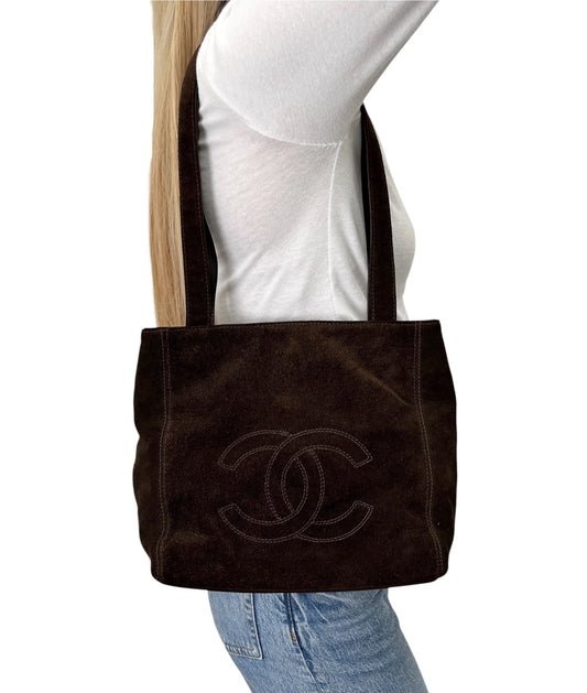 CHANEL Vintage Stitch CC Logo Suede Tote Shoulder Bag Dark Brown 902336