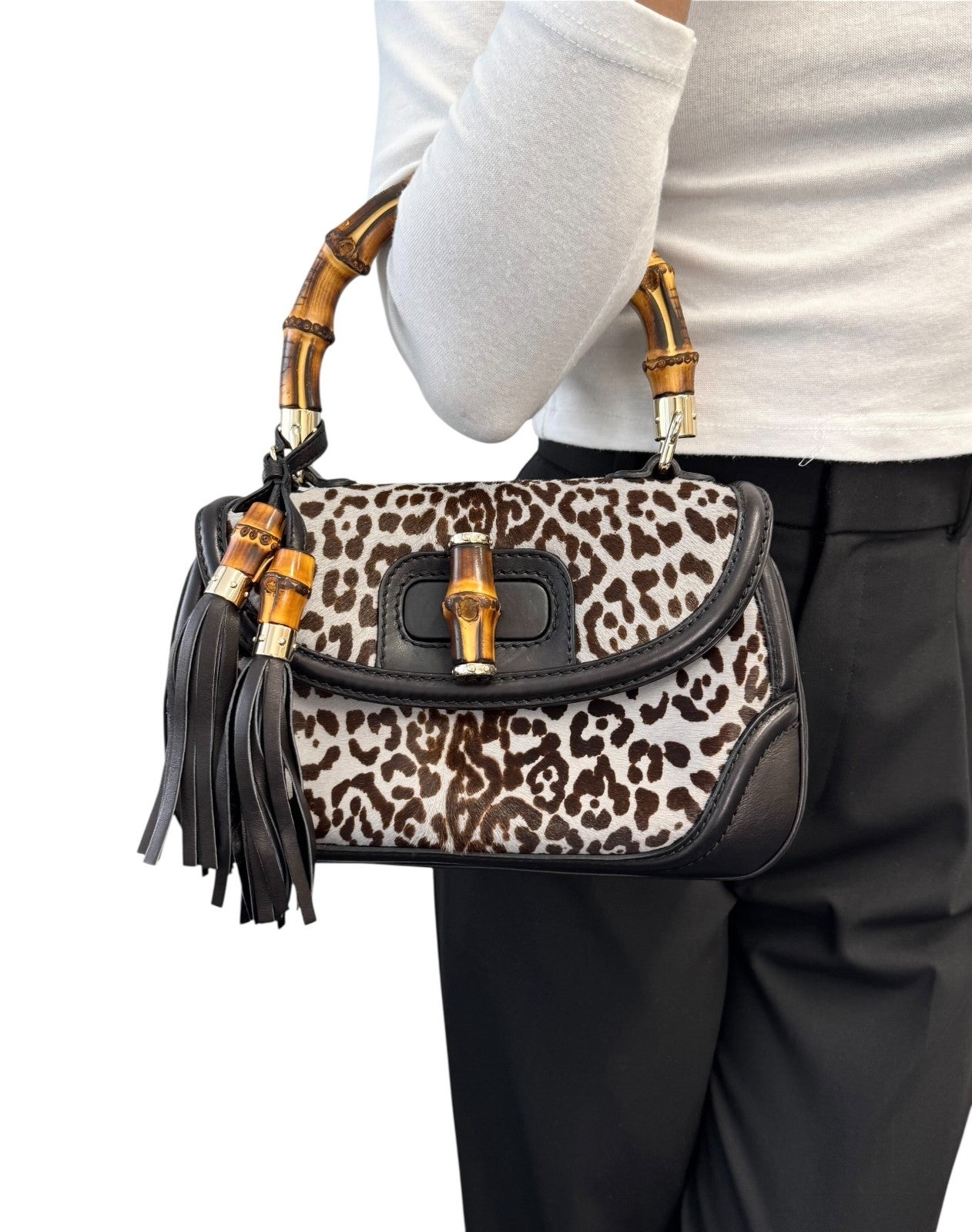 GUCCI Vintage Bamboo Leopard 2way Handbag Crossbody Bag Pony Calf Hair Gray