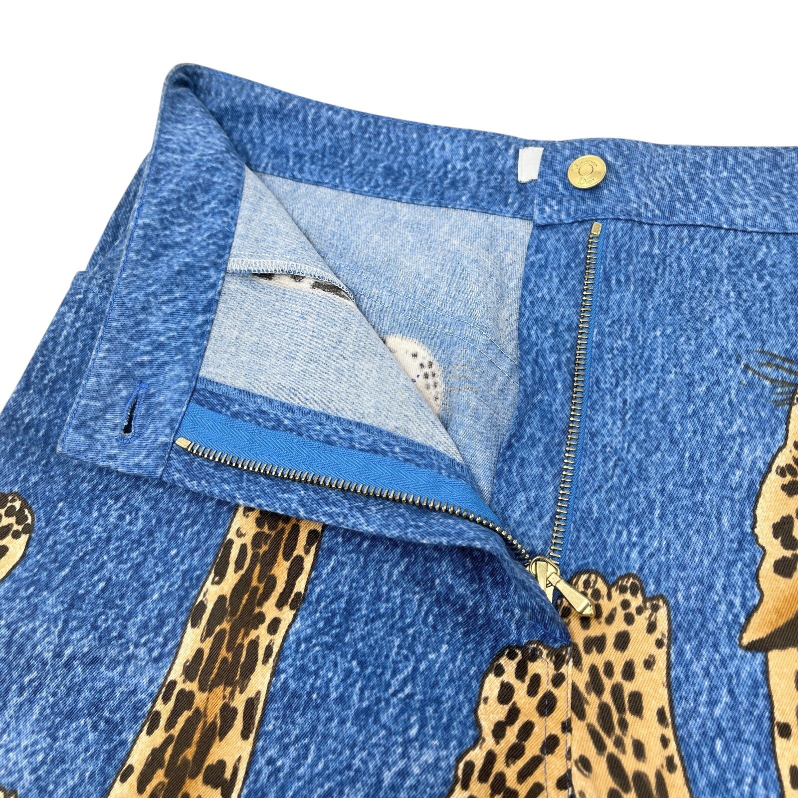 Christian Dior Vintage 2000 AW Runway Cheetah Denim Pants #40 Blue Gold Cotton