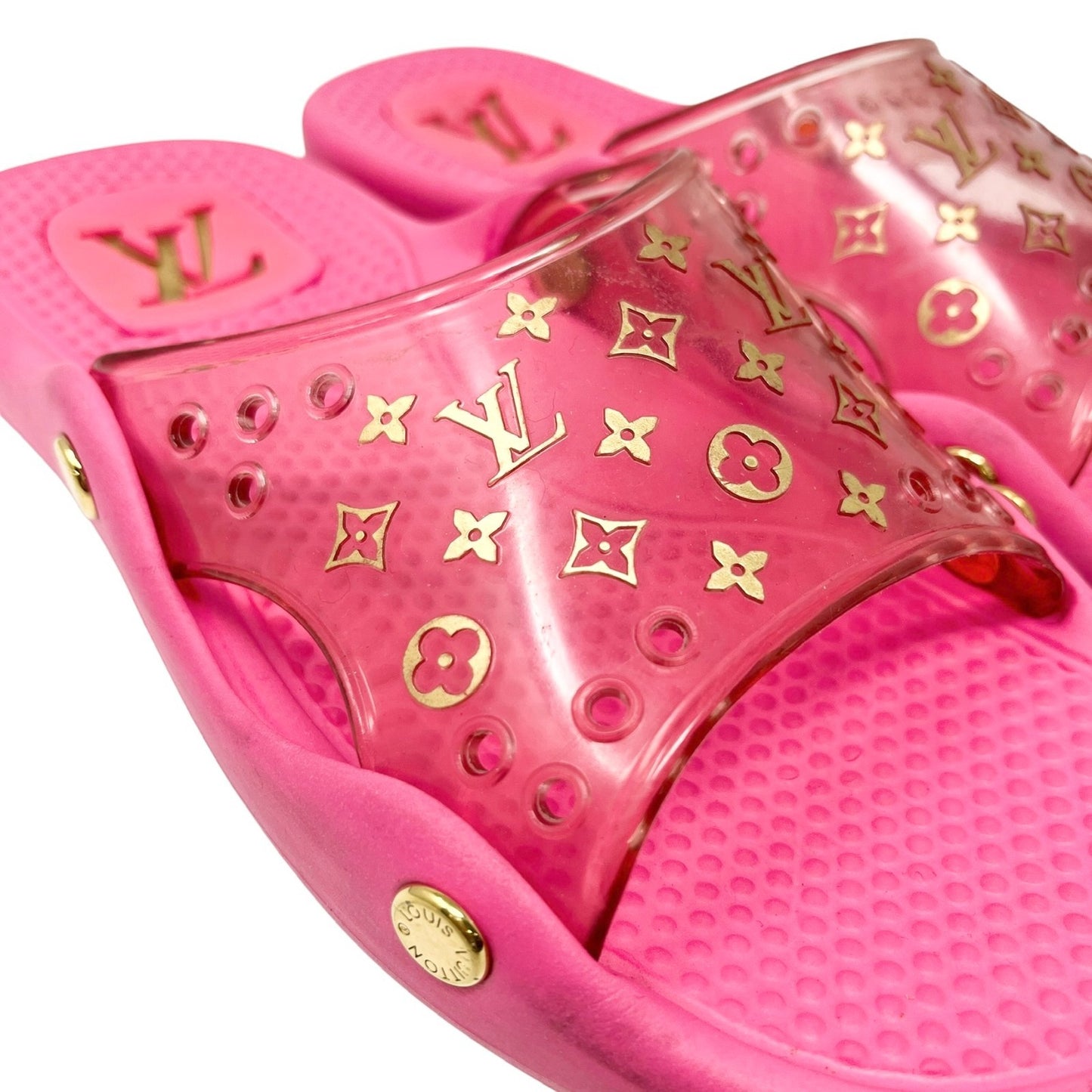 LOUIS VUITTON Vintage LV Monogram Logo Slide Sandals      37-37.5 Pink Gold Rubber