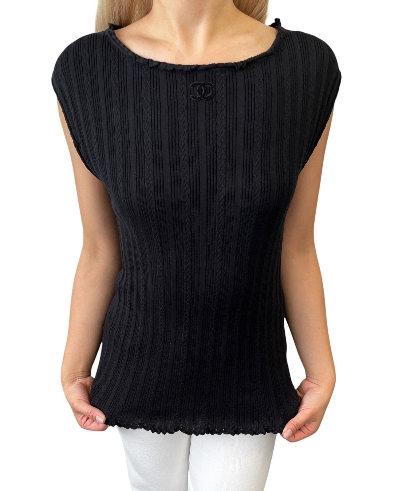 CHANEL P47979 CC Logo Rib Knit Tank Top #38 Black Sleeveless Cotton 901965