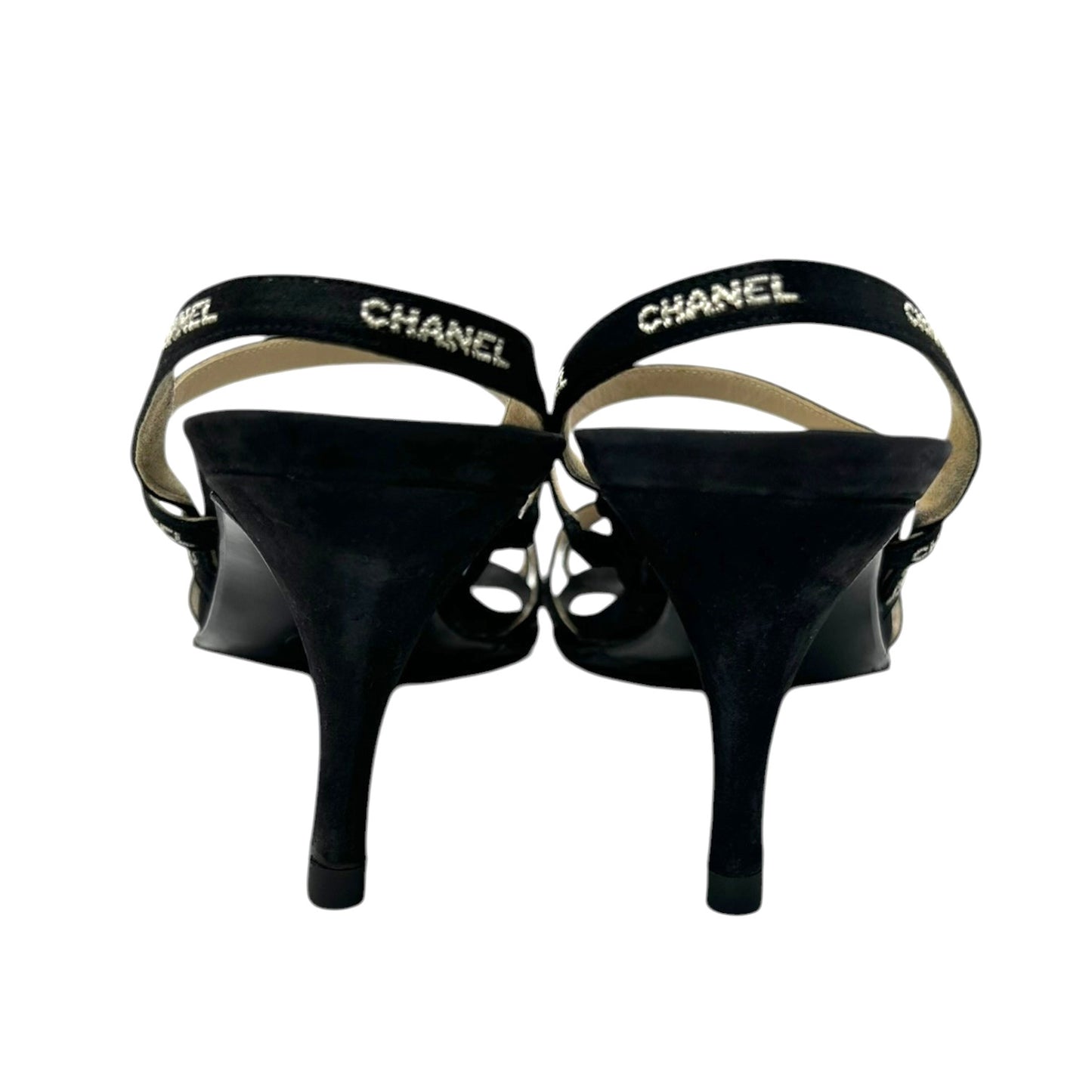 CHANEL Vintage 96C Logo Satin Ribbon Sandals Heels #36 Black White Satin Strap