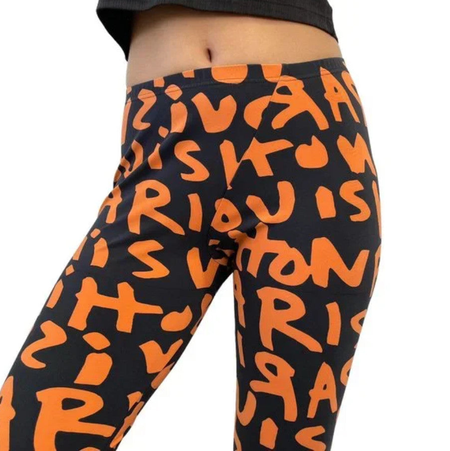 LOUIS VUITTON Vintage Graffiti Leggings #34 Pants Black Orange Nylon