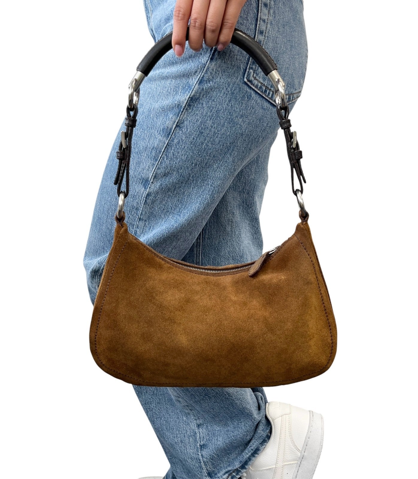 PRADA Triangle Logo Shoulder Hobo Suede Bag Brown Silver Leather Zip 902299
