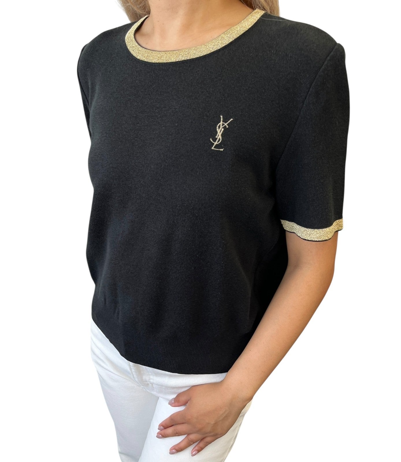 Yves Saint Laurent Vintage YSL Logo Knit T-shirt Top #M Black Gold Cotton