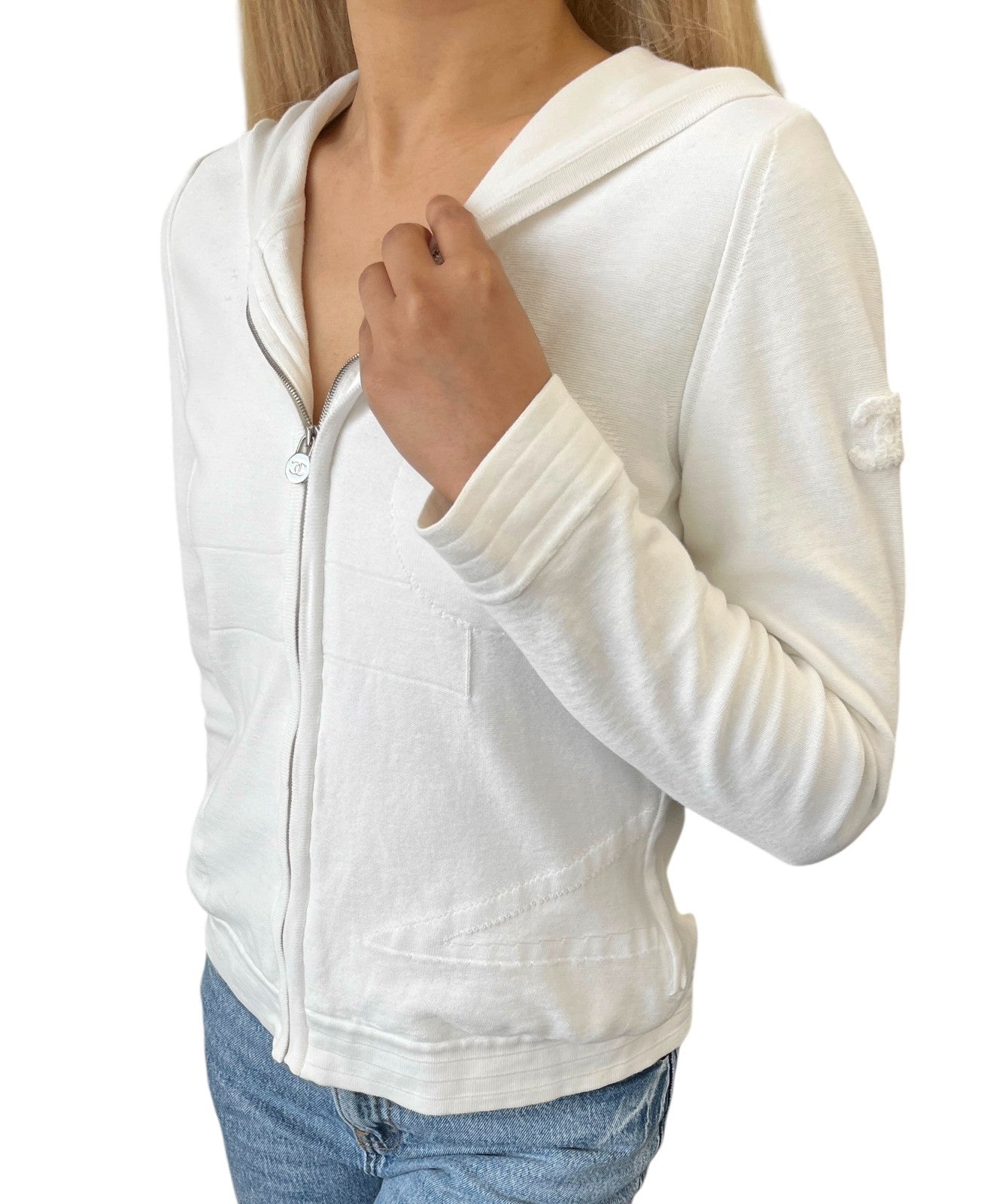 CHANEL Vintage P46188 CC Logo Zipped Hoodie Jacket Top #36 White Silver Cotton