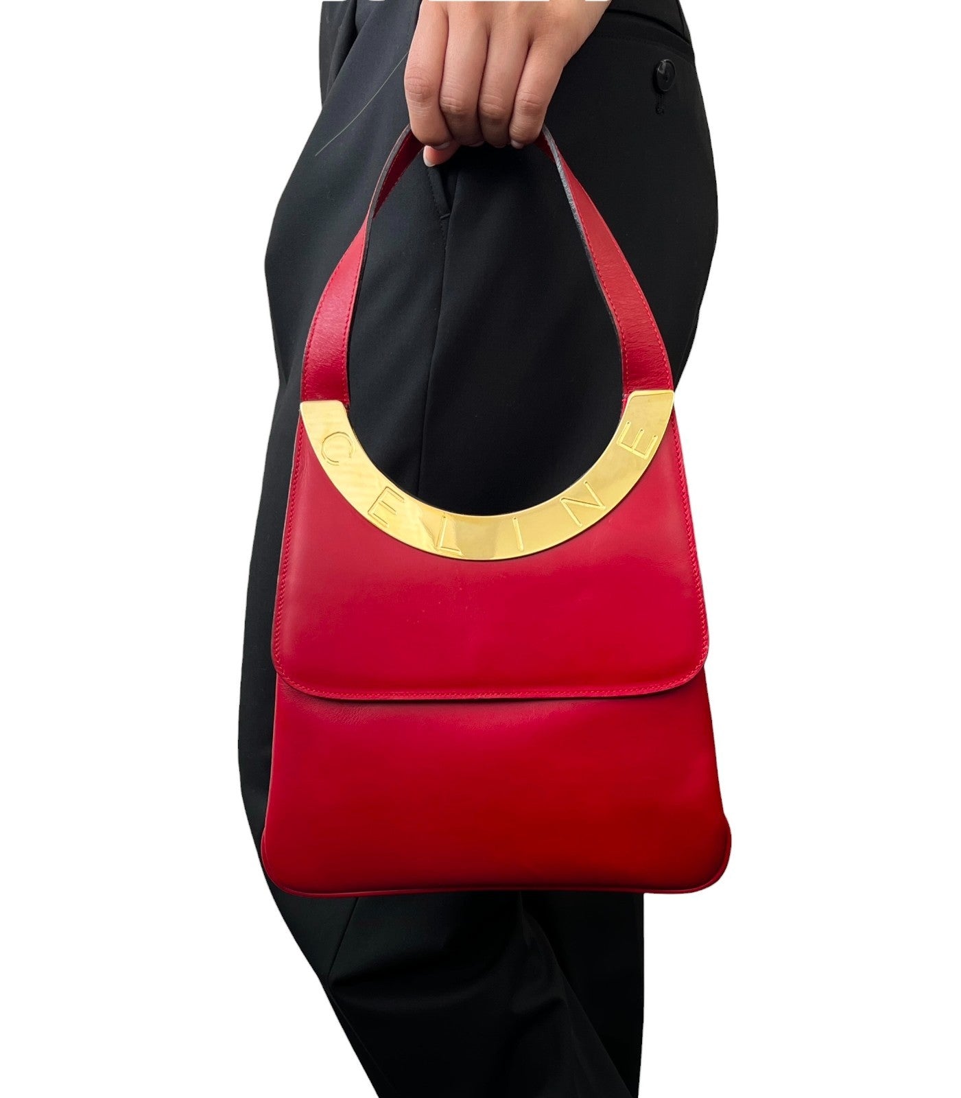 CELINE Vintage Logo Circle Flap 2way Shoulder Bag Red Gold Leather 902080