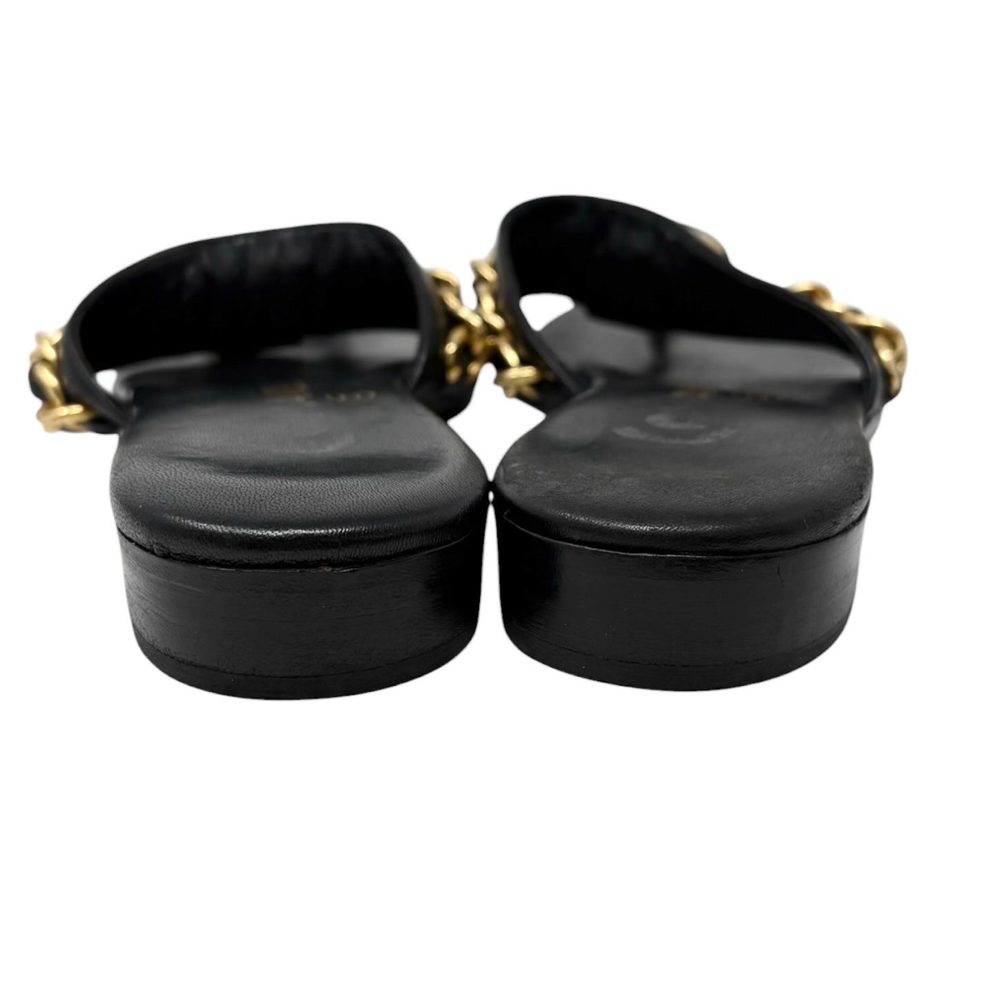 CHANEL Vintage Turnlock CC Logo Chain Sandals #37-37.5 Black Gold Leather 901814