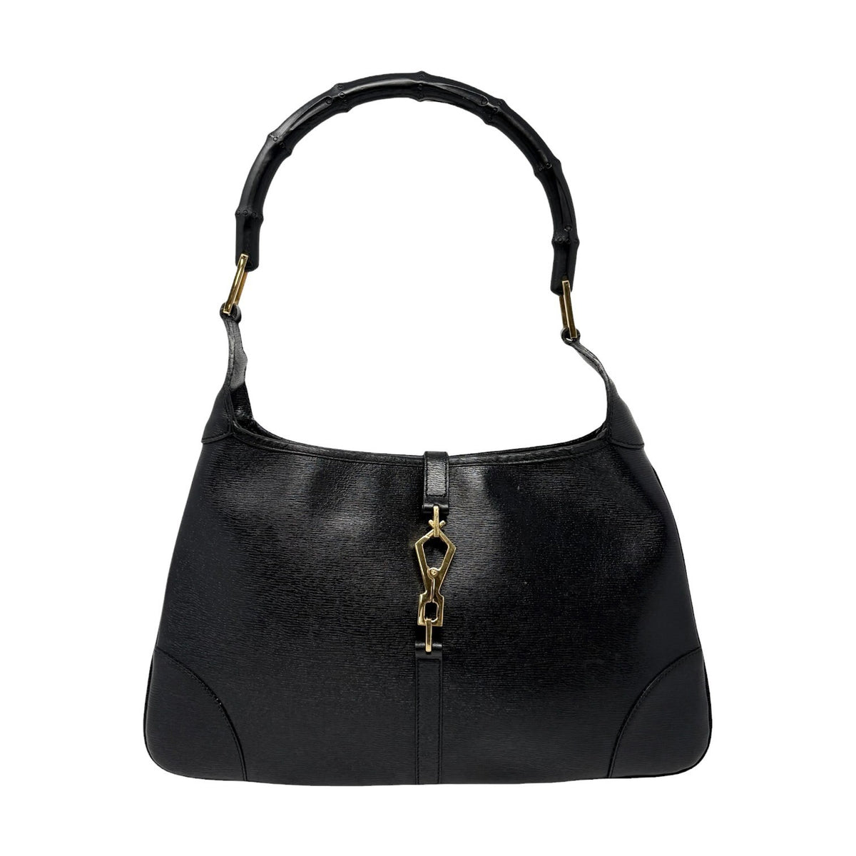 GUCCI Vintage Bamboo Jackie Hobo Shoulder Bag Black Gold Leather 902385