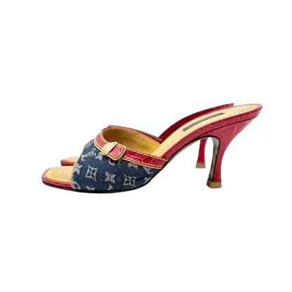 LOUIS VUITTON Vintage Monogram Denim Sandals Heels #36 Blue Red Beige 902029