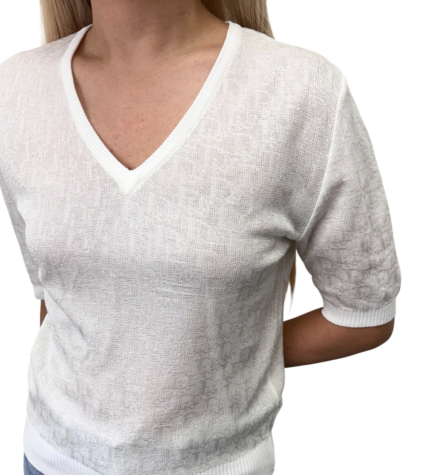 Christian Dior Vintage Trotter Monogram V-neck T-shirt Top #M White 902430