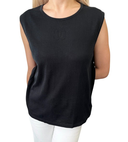 CHANEL Vintage 06P CC Logo Knit Tank Top #42 Pullover Black Cotton
