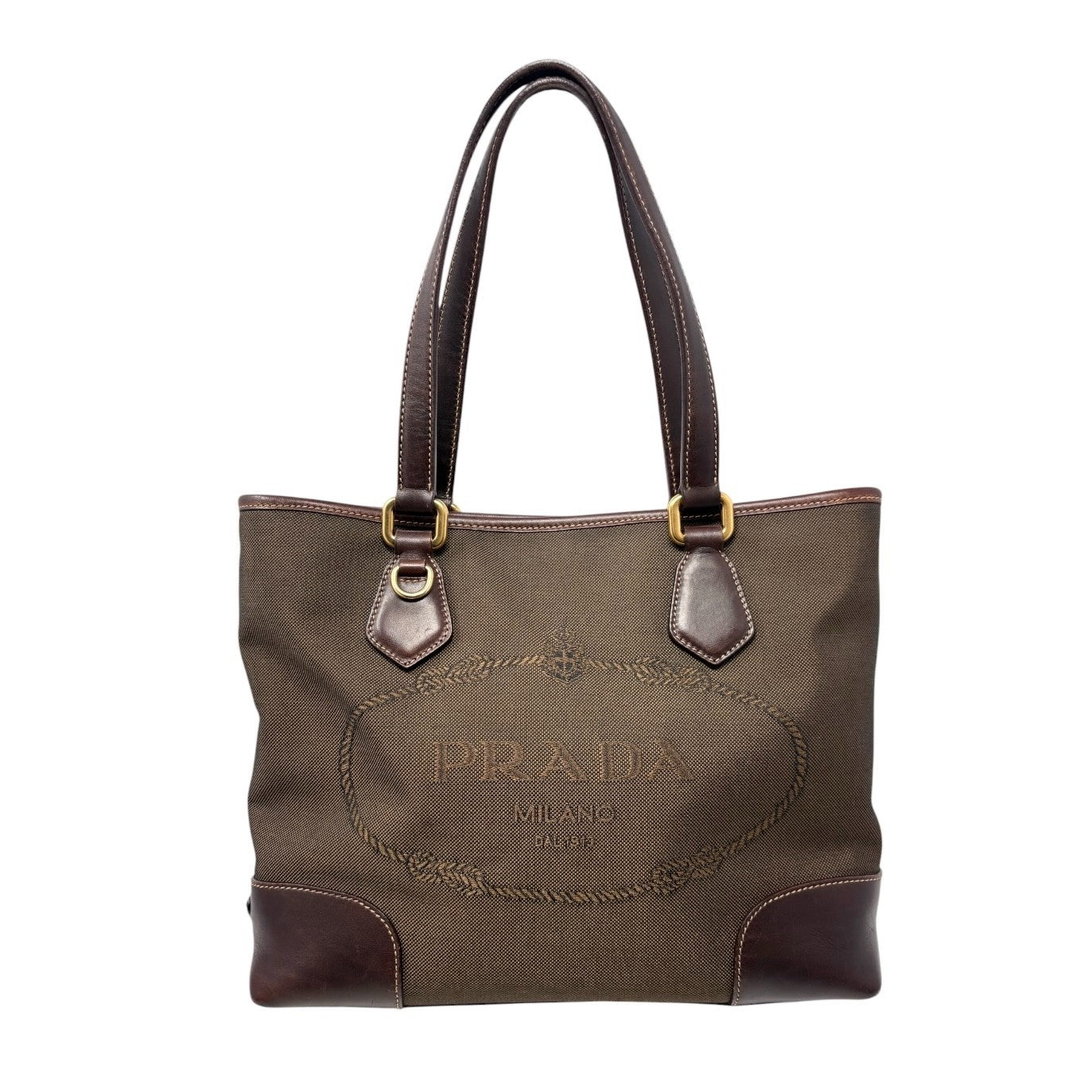 PRADA Vintage Triangle Logo Milano Jacquard Canvas Shoulder Tote Bag Brown Gold