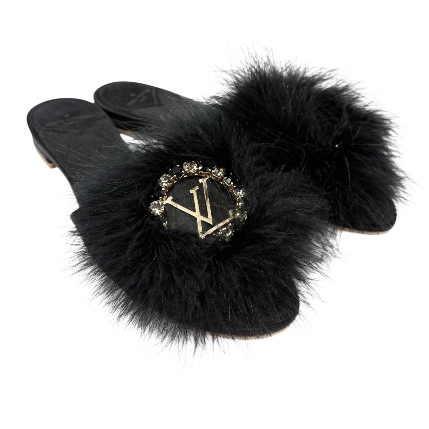 LOUIS VUITTON Vintage LV Logo Fur Flat Sandals #38 Rhinestone Black Gold Suede