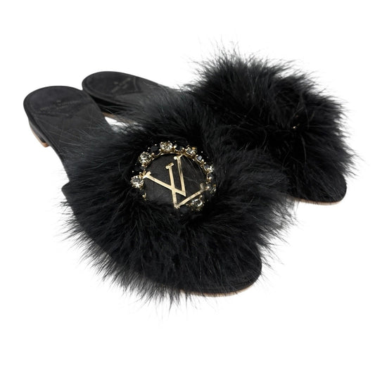 LOUIS VUITTON Vintage LV Logo Fur Flat Sandals #38 Rhinestone Black Gold Suede