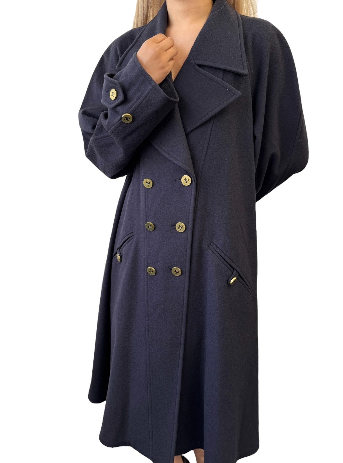 CHANEL Vintage 95A CC Mark Logo Long Coat Jacket #38 Cashmere Dark Blue Gold