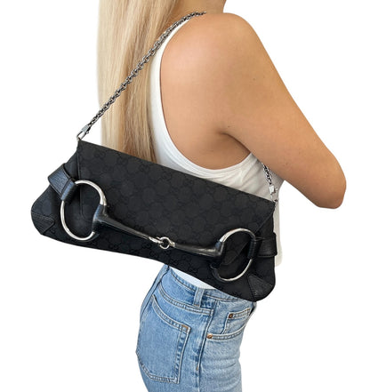 GUCCI Vintage Horsebit GG Monogram Chain Shoulder Bag Black Silver 902485