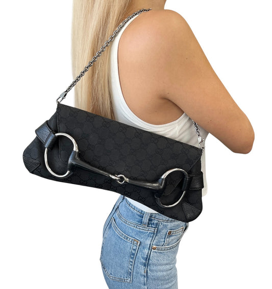 GUCCI Vintage Horsebit GG Monogram Chain Shoulder Bag Black Silver 902485