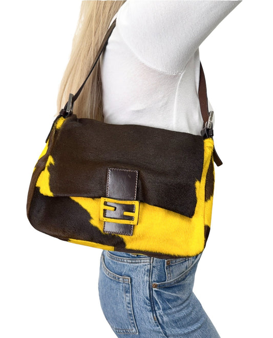 FENDI Vintage FF Mamma Baguette Cow Pony Calf Hair Bag Yellow Brown 902908
