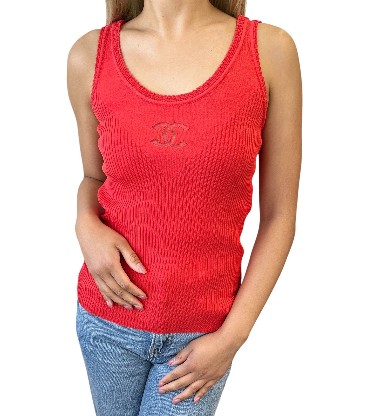 CHANEL Vintage P37822 See-through CC Logo Rib Knit Tank Top Red Cotton Silk