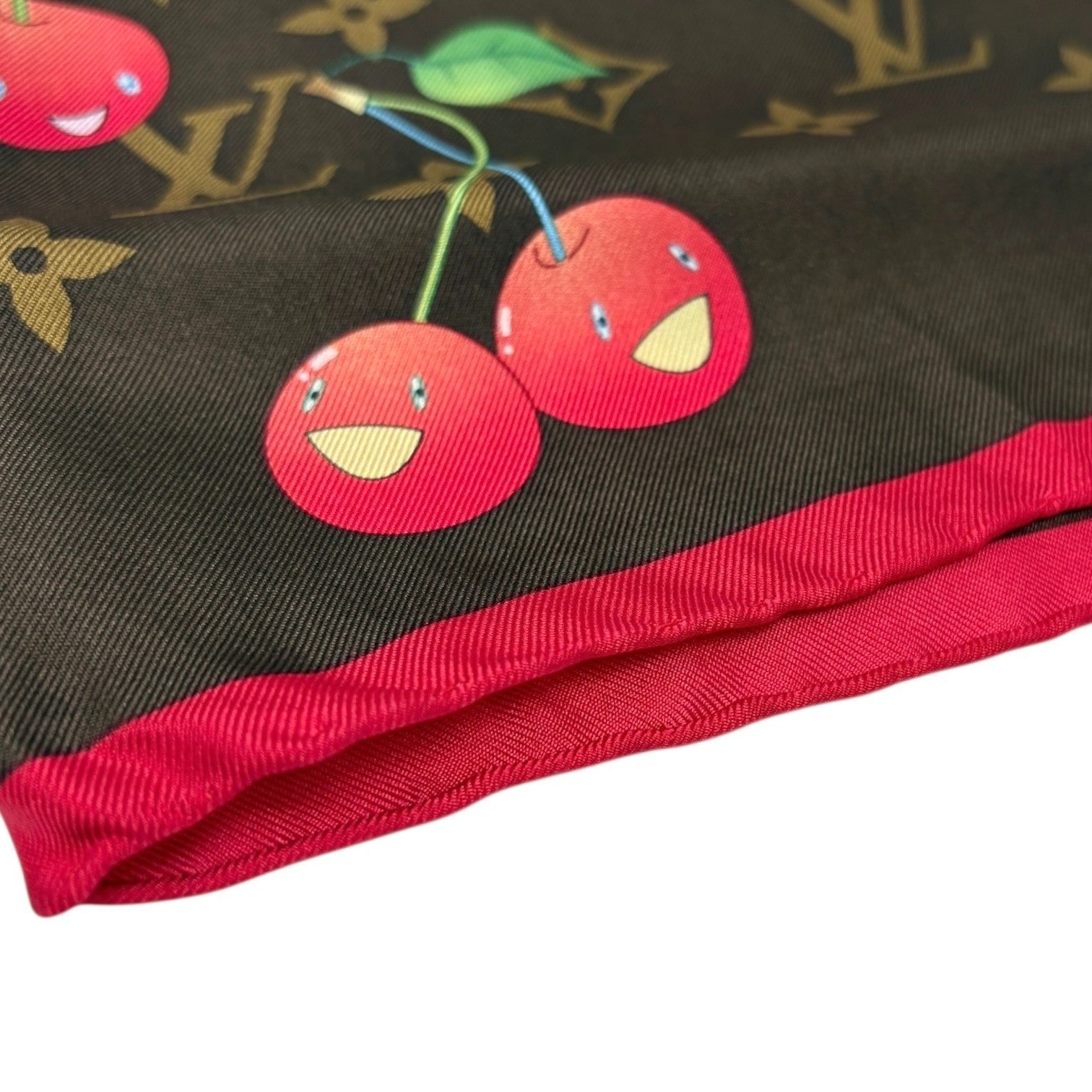 LOUIS VUITTON Vintage LV Logo Monogram Cherry Scarf Brown Red Silk Murakami