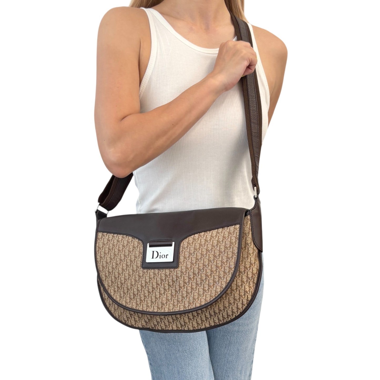 Christian Dior Vintage Trotter Monogram Crossbody Shoulder Bag Beige Canvas