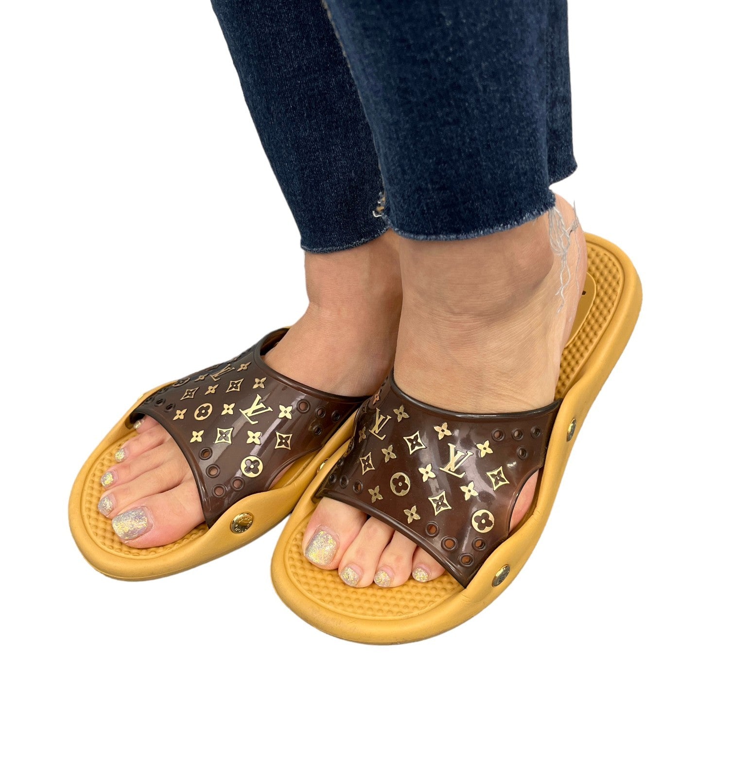 LOUIS VUITTON Vintage LV Monogram Logo Slide Sandals #36-37 Brown Beige Rubber