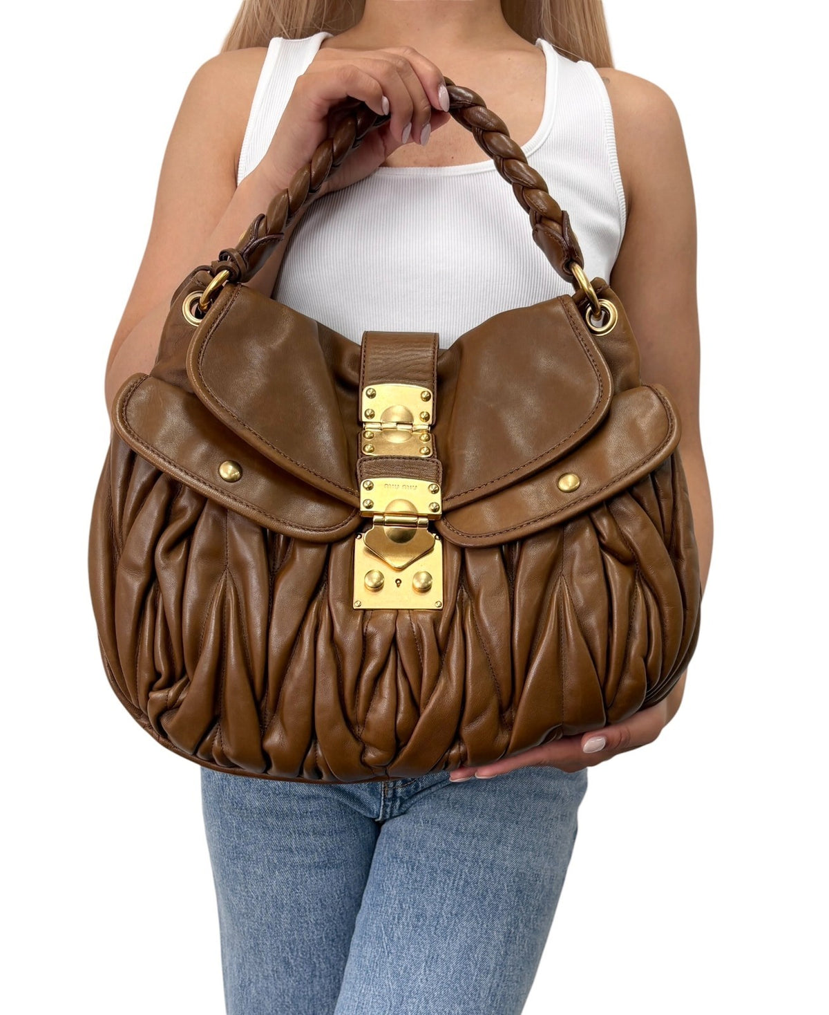 Miu Miu Vintage Logo 2way Shoulder Bag Handbag Brown Gold Leather 902346
