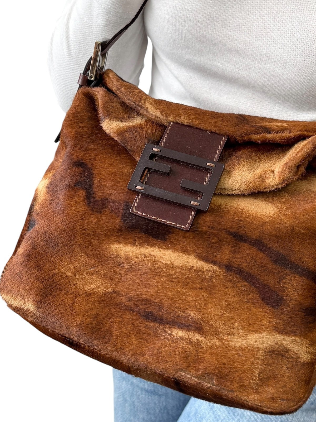 FENDI Vintage FF Logo Mamma Baguette Pony Calf Hair Shoulder Bag Brown Beige