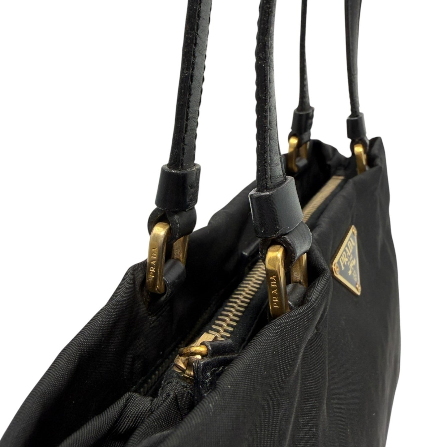 PRADA Vintage Triangle Logo Tessuto Tote Shoulder Bag Black Gold Nylon 902298
