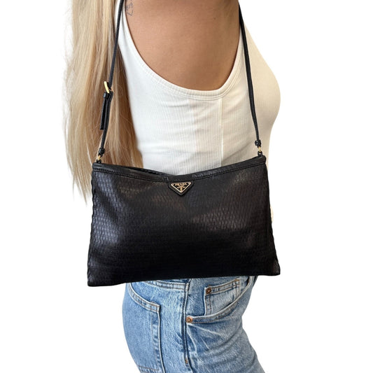 PRADA Vintage Triangle Logo Mesh Mini Shoulder Bag Black Gold Leather 902572