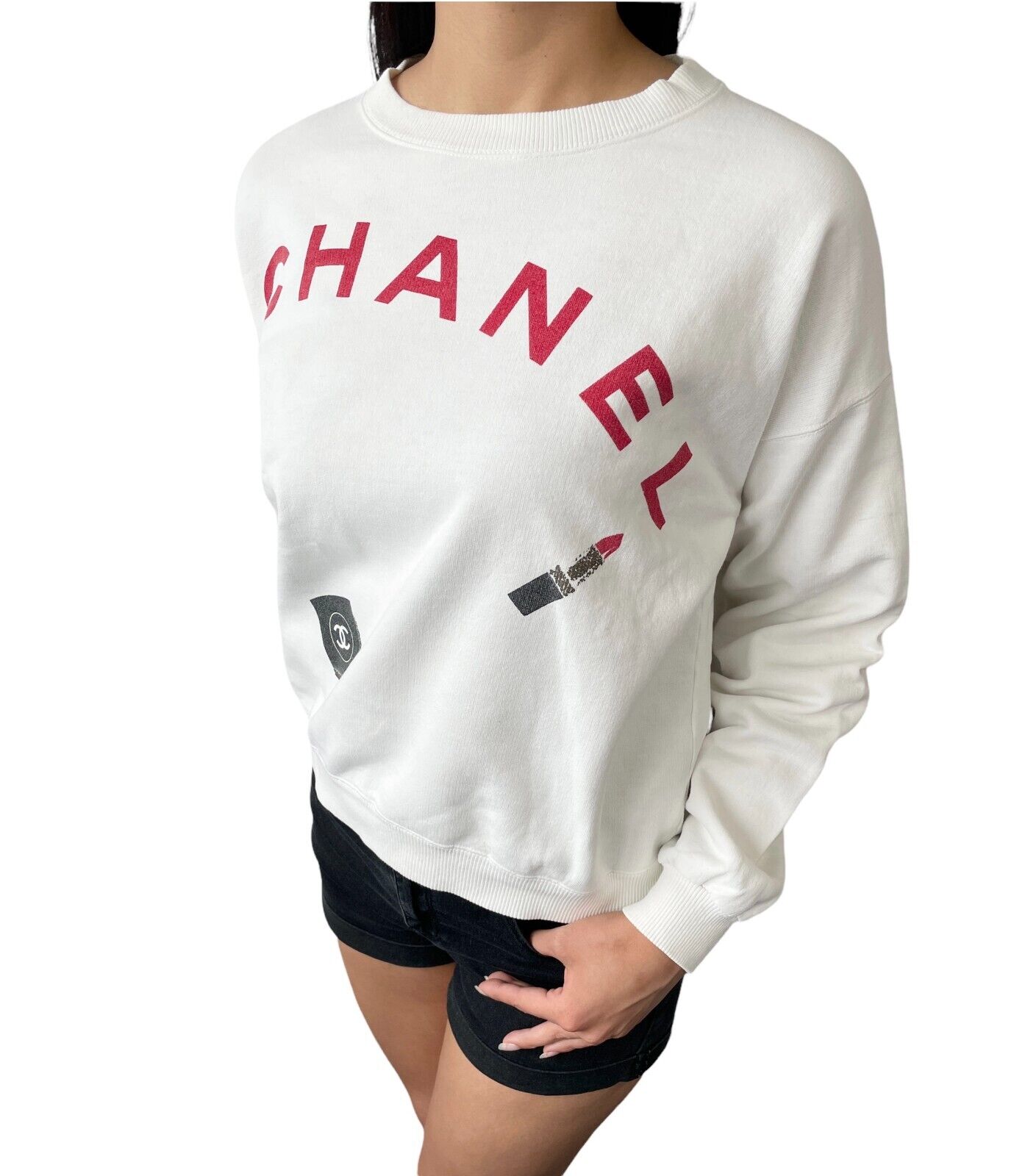 CHANEL Vintage CC Logo Long Sleeve Top Sweatshirt #M White Red Rip Cosme Cotton