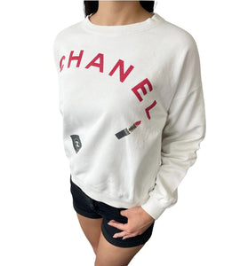 CHANEL Vintage CC Logo Long Sleeve Top Sweatshirt #M White Red Rip Cosme Cotton