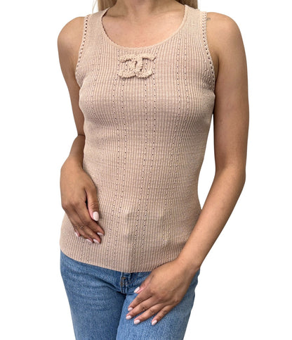 CHANEL Vintage 09P CC Logo Rib Knit Tank Top #34 Beige Sleeveless 902428