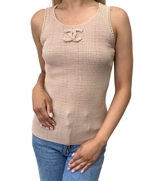 CHANEL Vintage 09P CC Logo Rib Knit Tank Top #34 Beige Sleeveless 902428
