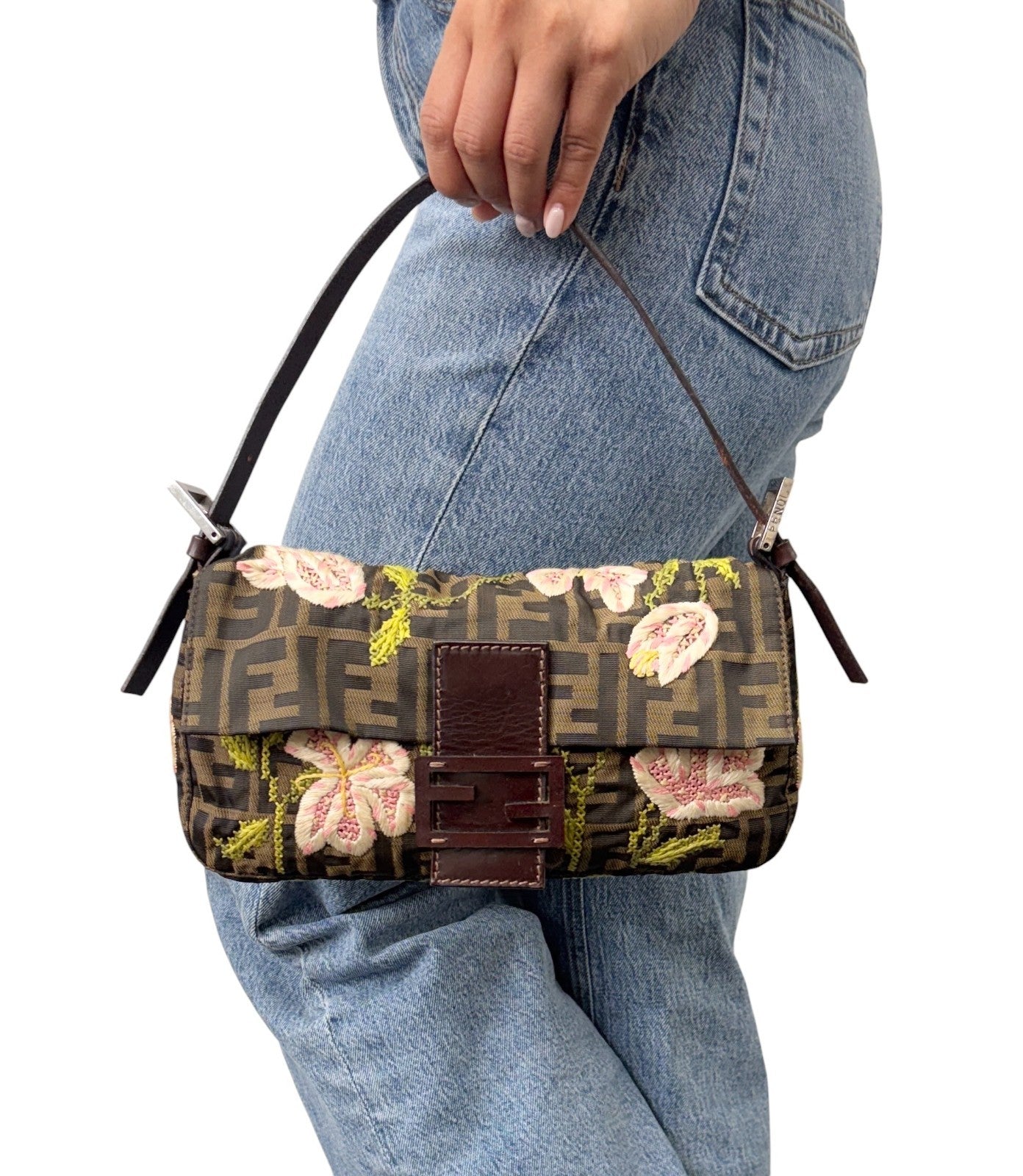 FENDI Vintage FF Zucca Mamma Baguette Flower Shoulder Bag Canvas Brown 901848