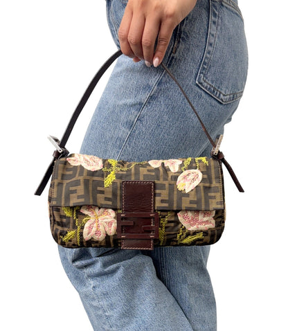 FENDI Vintage FF Zucca Mamma Baguette Flower Shoulder Bag Canvas Brown 901848