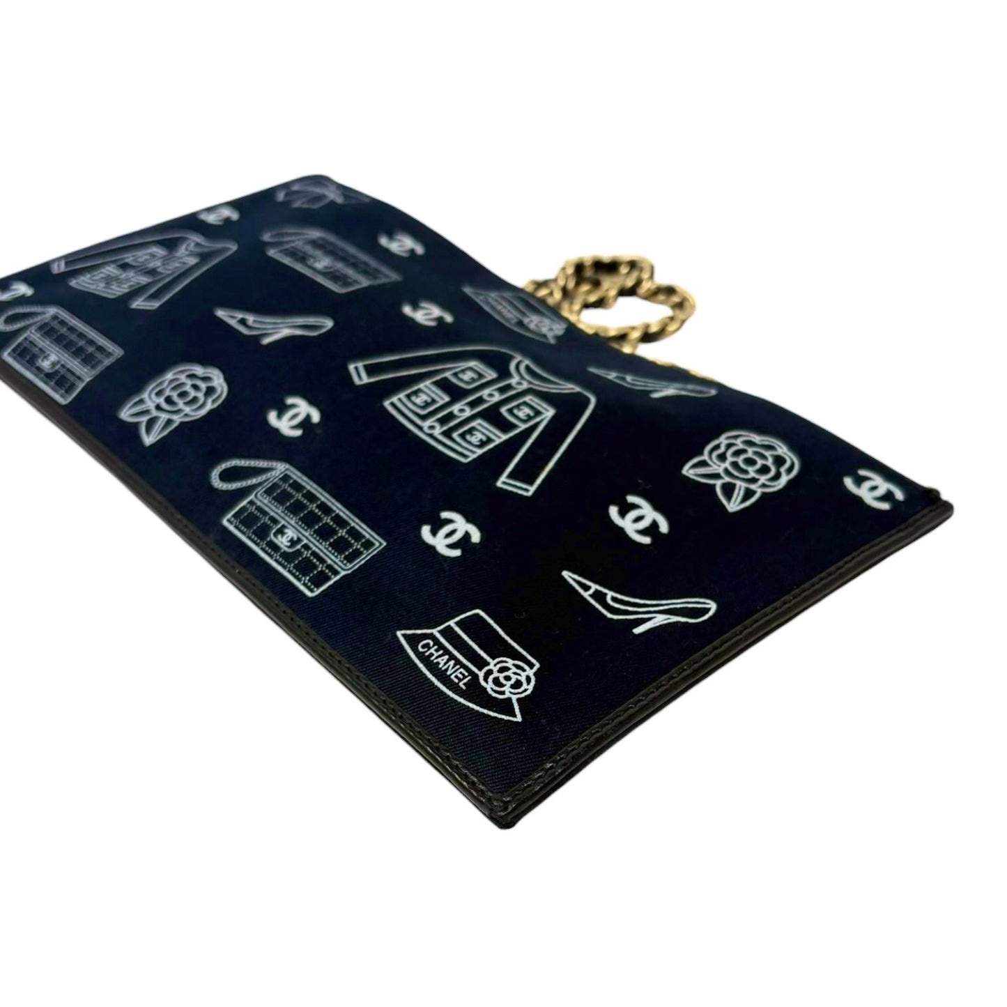 CHANEL Vintage CC Logo Icon Print Canvas Shoulder Bag Pochette Dark Blue Chain