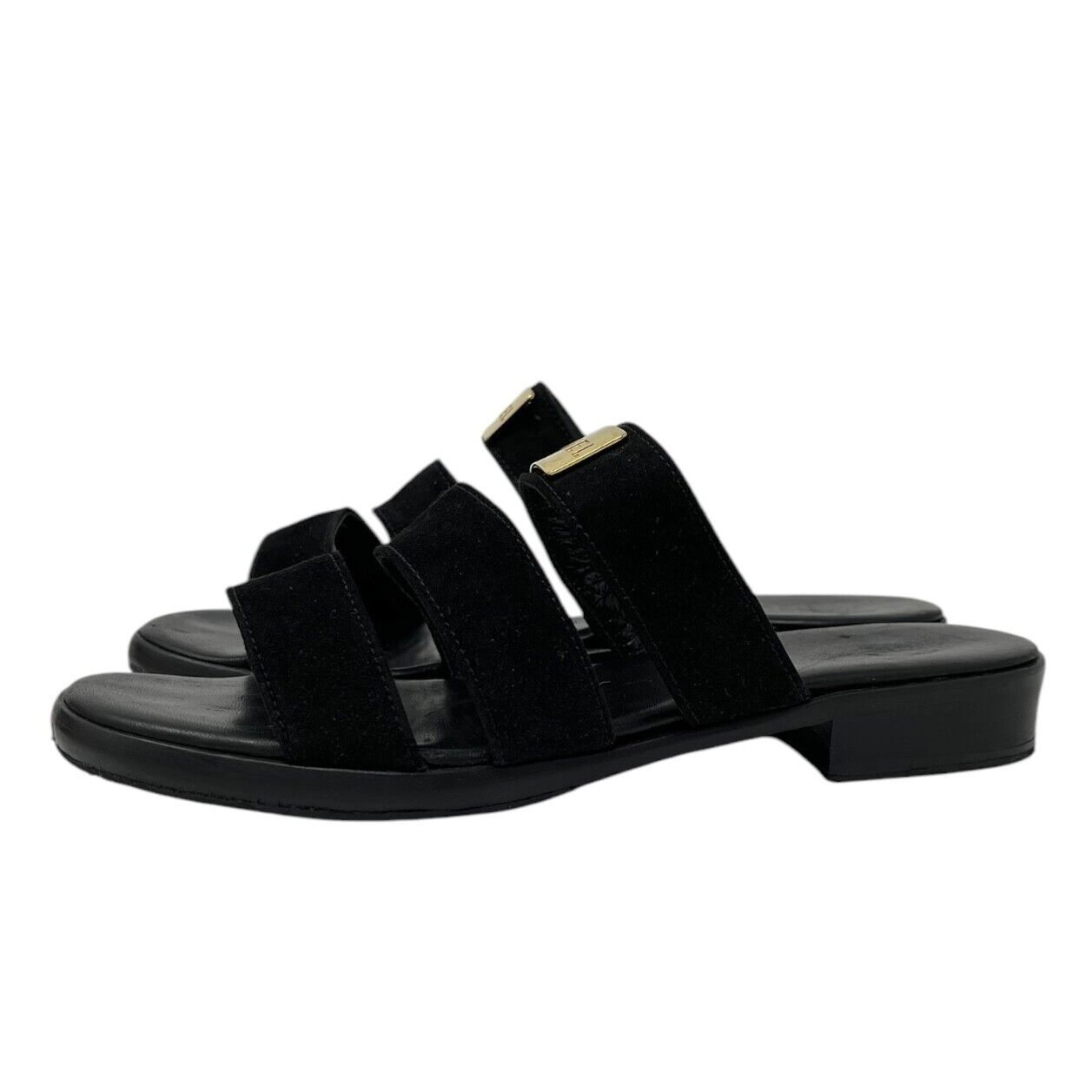 CHANEL Vintage CC Mark Logo Plate Slide Sandals #37-37.5 Black Gold Suede