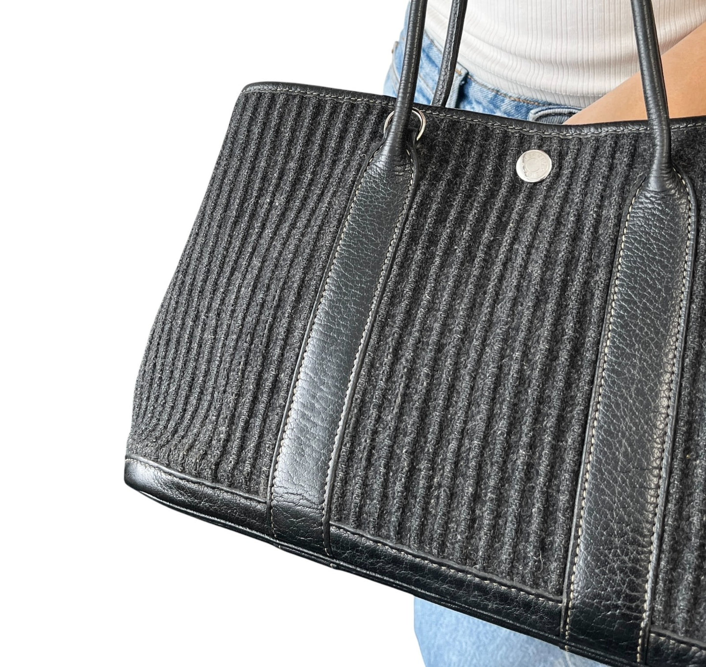 HERMES Vintage Ribbed Wool Garden Party 30 PM 2way Bag Black Silver Leather