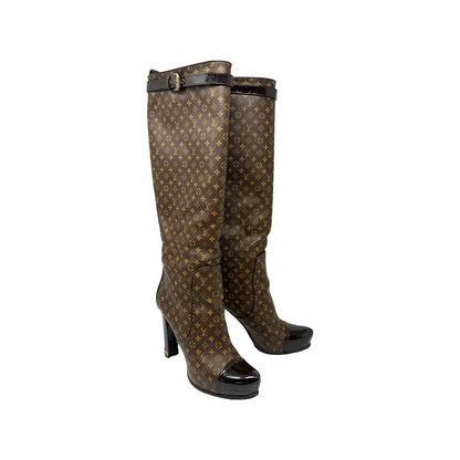 LOUIS VUITTON Vintage LV Monogram Long Boots #37-37.5 Heels Brown Black 902463