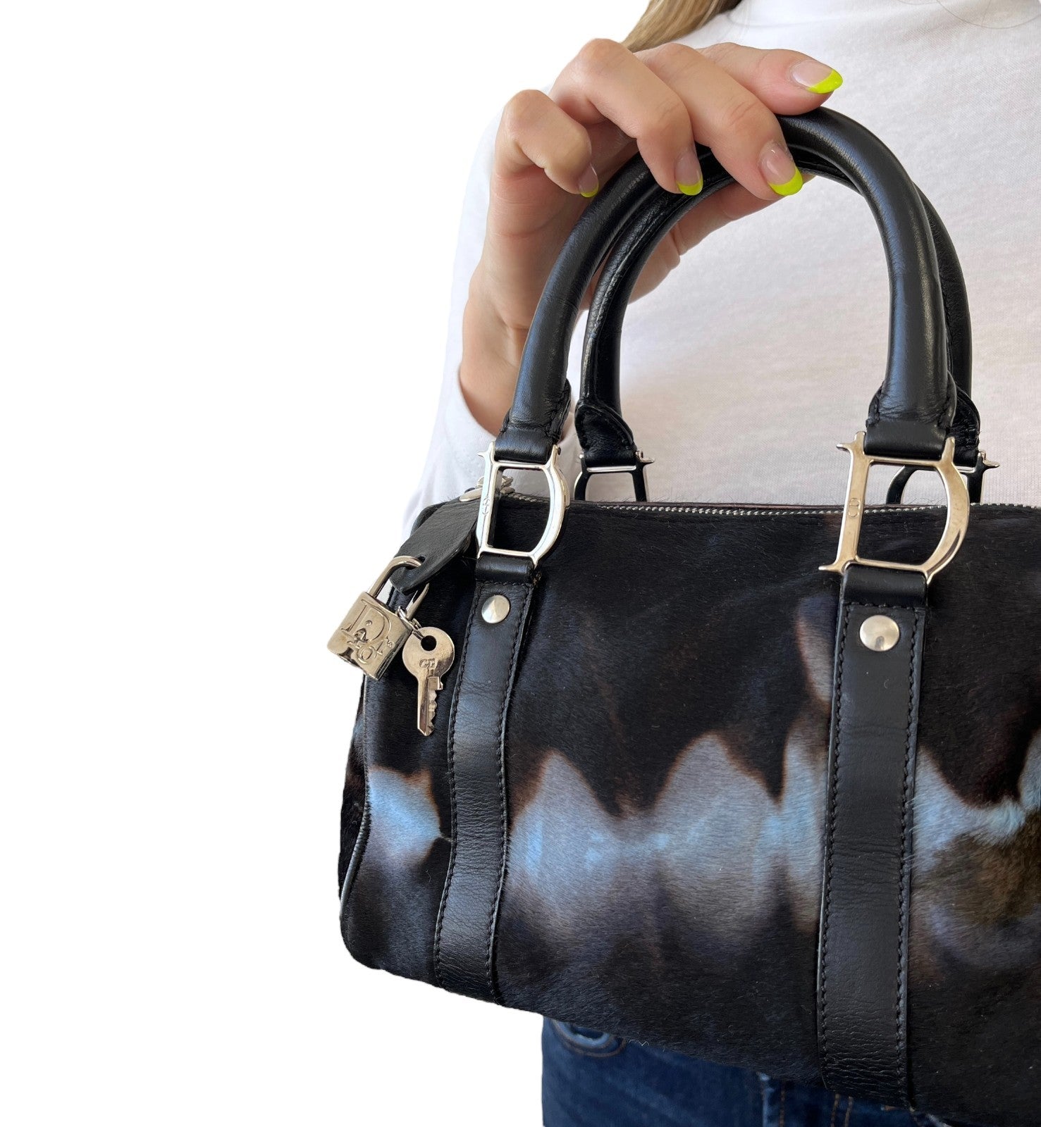 Christian Dior Vintage Mini Bowler Bag Padlock Tie Dye Calf Hair Black Blue