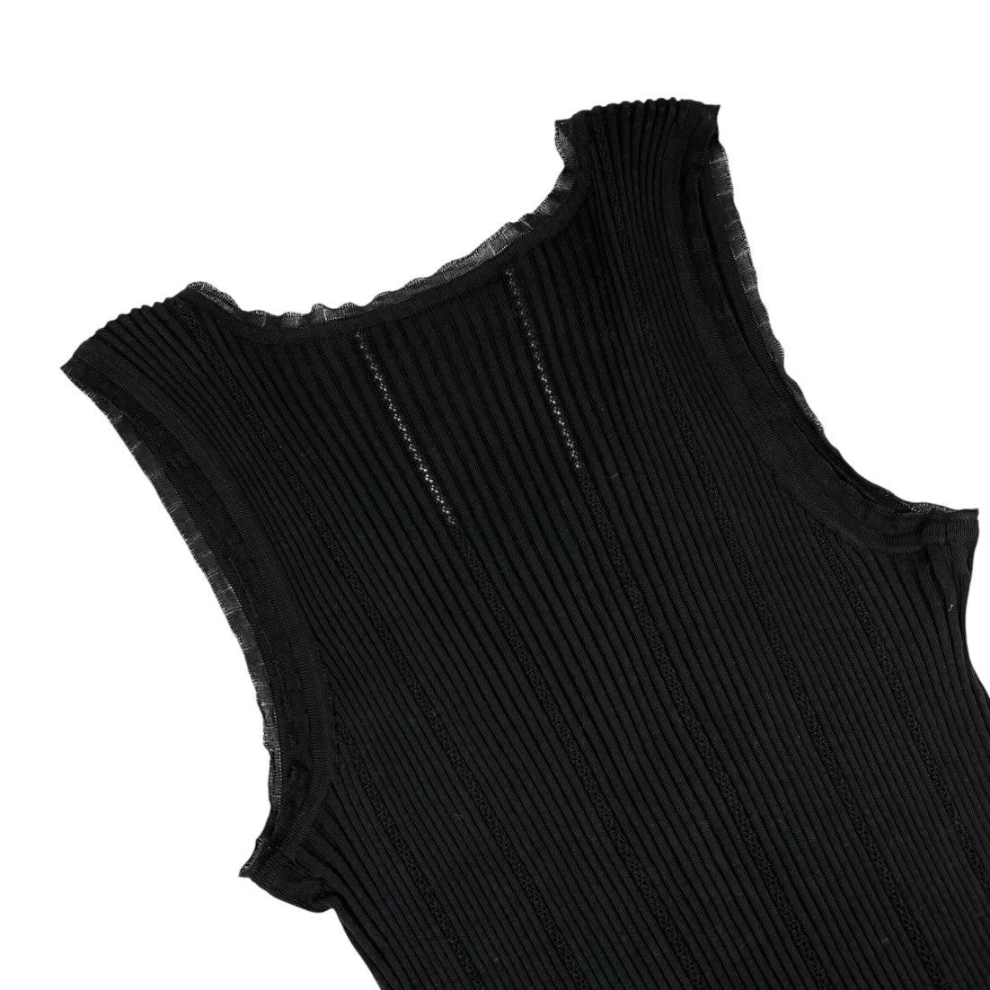 CHANEL Vintage 08P CC Logo Button Ribbed Knit Tank Top #42 Black Silver Cotton