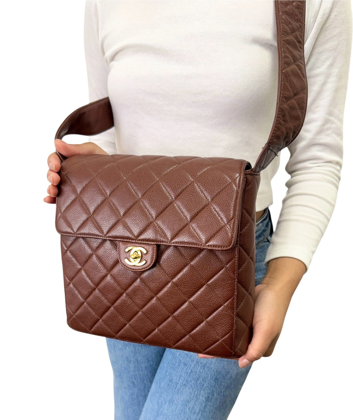 CHANEL Vintage CC Turnlock Quilted Flap Crossbody Bag Brown Gold Leather 902843
