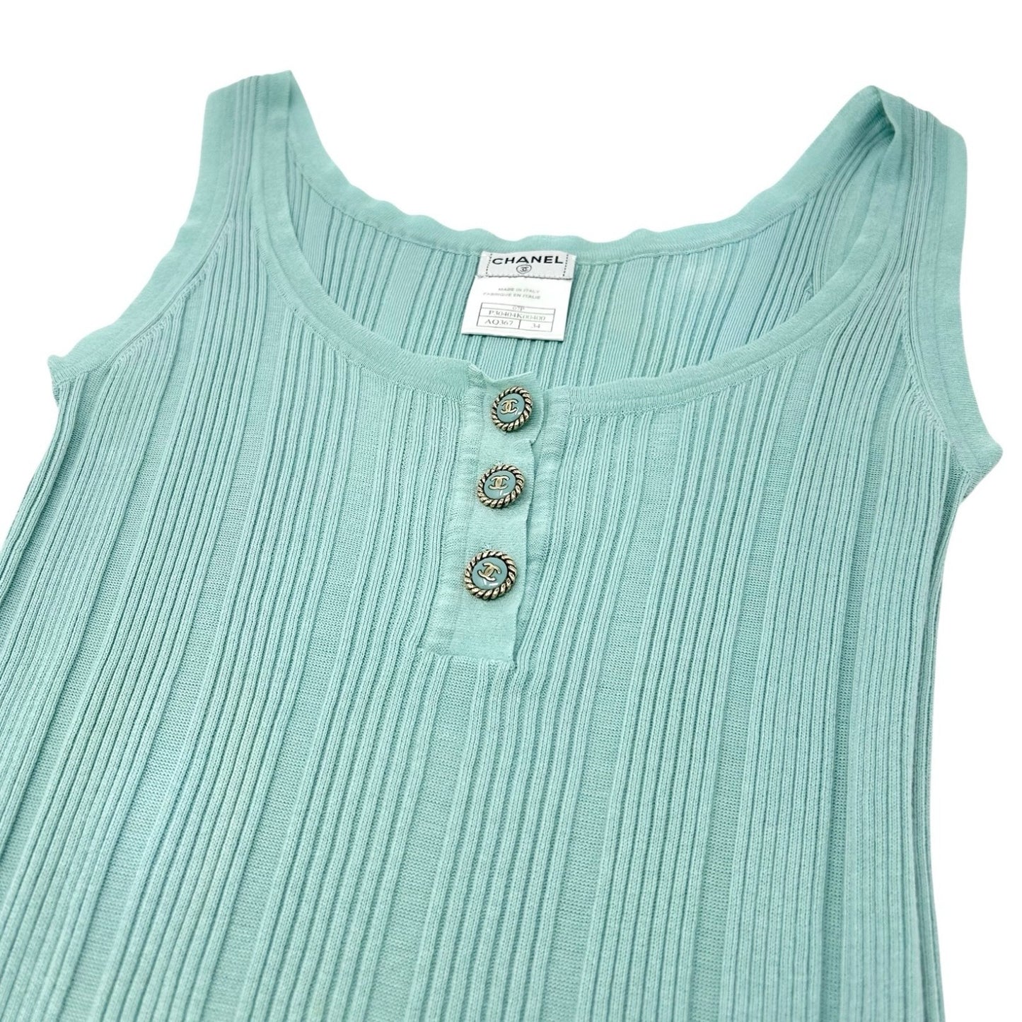CHANEL Vintage 07P CC Mark Logo Rib Knit Tank Top #34 Turquoise Blue Cotton