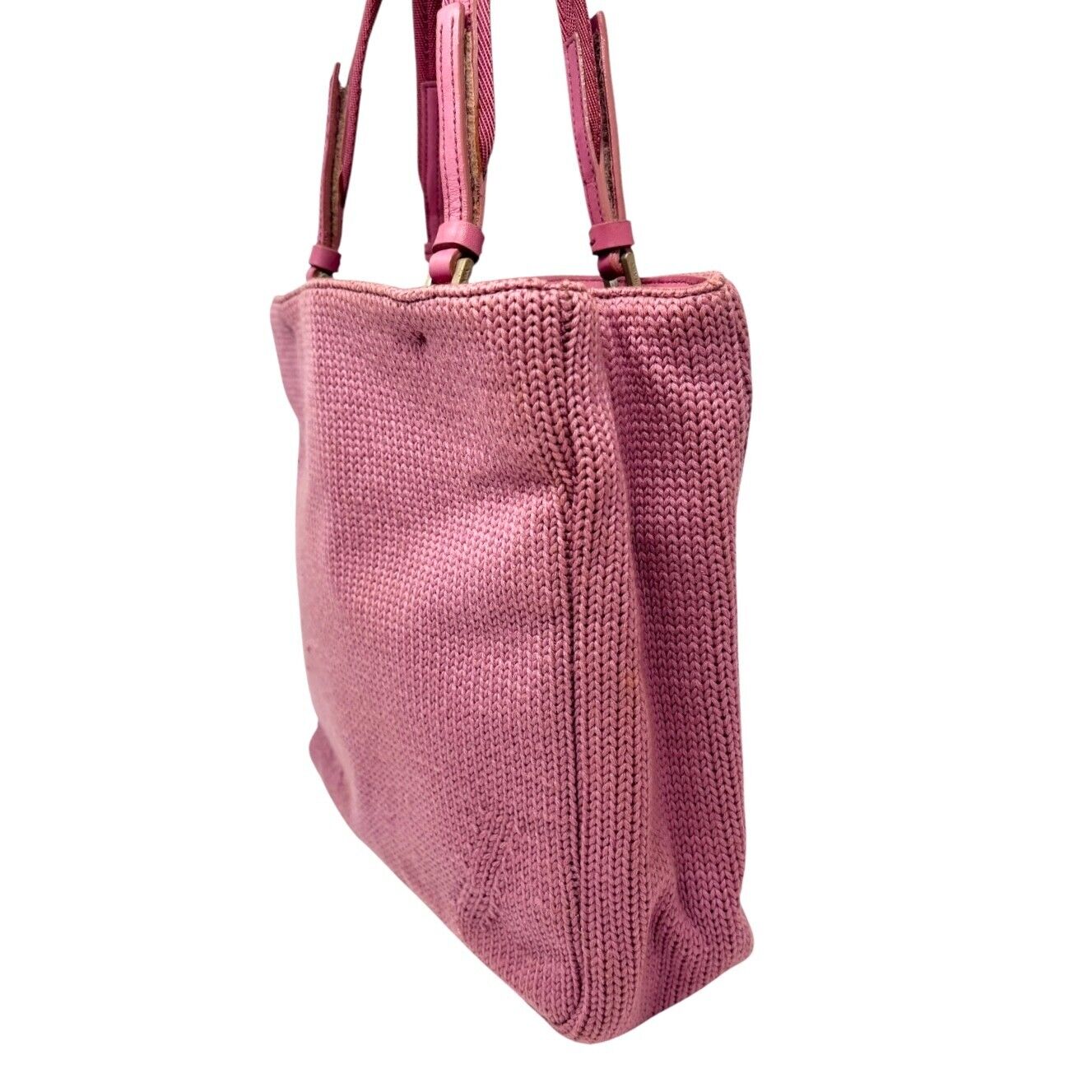 PRADA Vintage Logo Knit Tote Bag Shoulder Bag Pink Silver Wool Leather