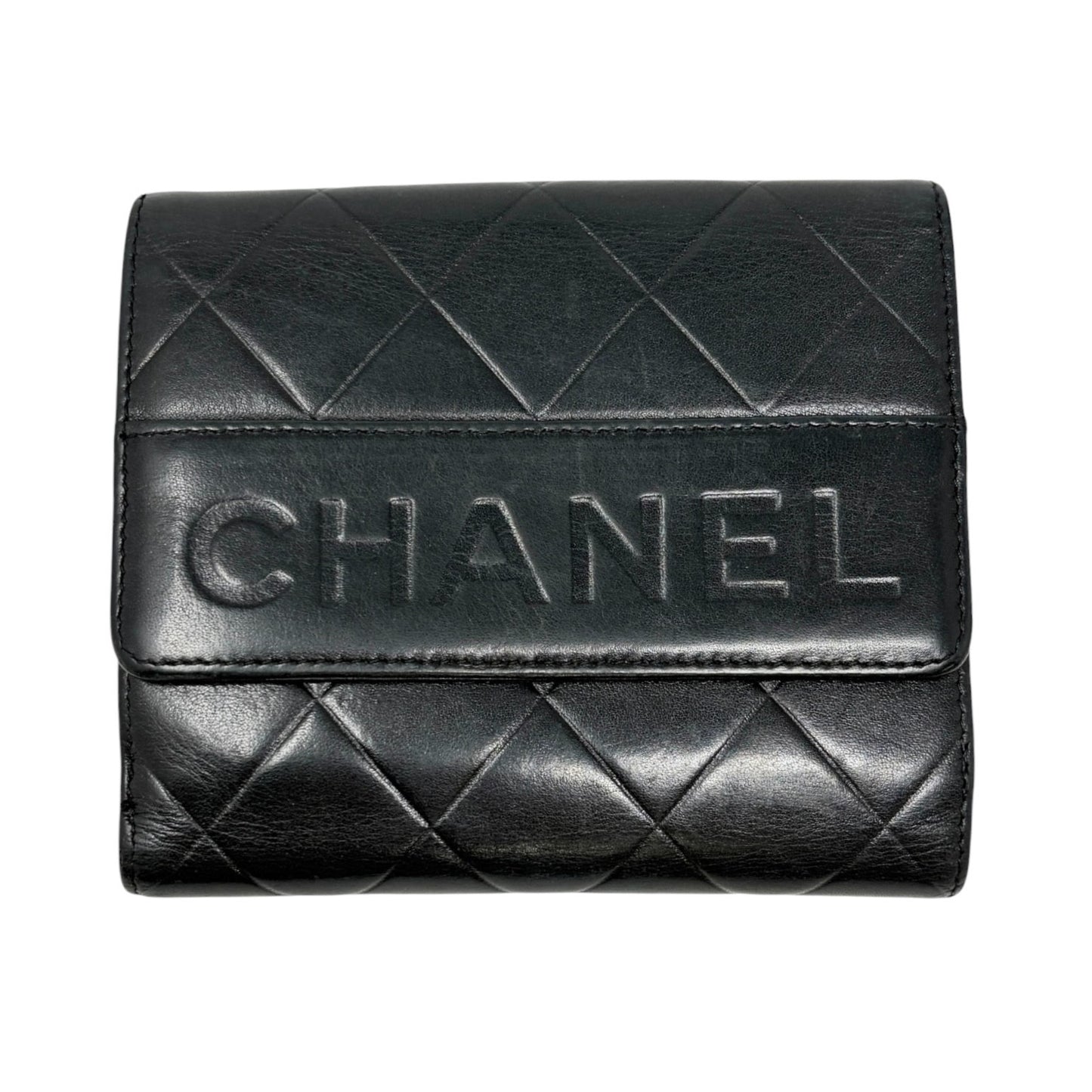 CHANEL Vintage Big Logo Quilted Wallet Leather Black Silver Purse 901816
