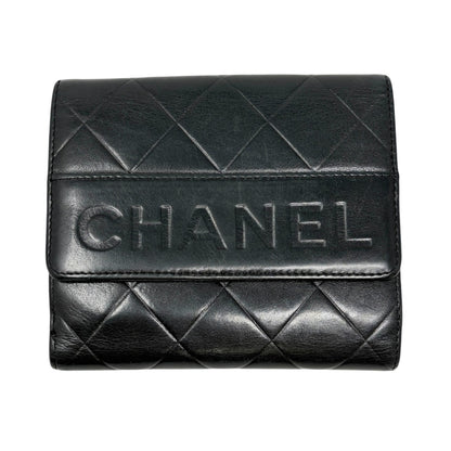 CHANEL Vintage Big Logo Quilted Wallet Leather Black Silver Purse 901816