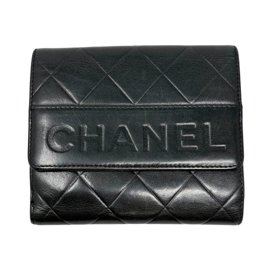CHANEL Vintage Big Logo Quilted Wallet Leather Black Silver Purse 901816